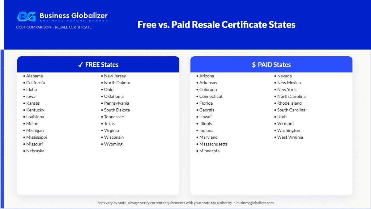 Free vs Paid Resale Certificate States comparison — all US states listed