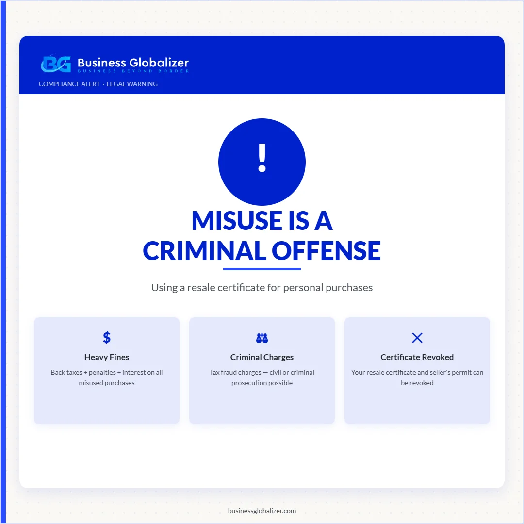 Misuse of a resale certificate is a criminal offense — compliance warning