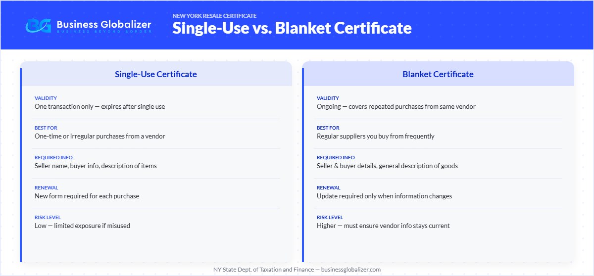 Single-use vs blanket New York Resale Certificate comparison chart — Business Globalizer