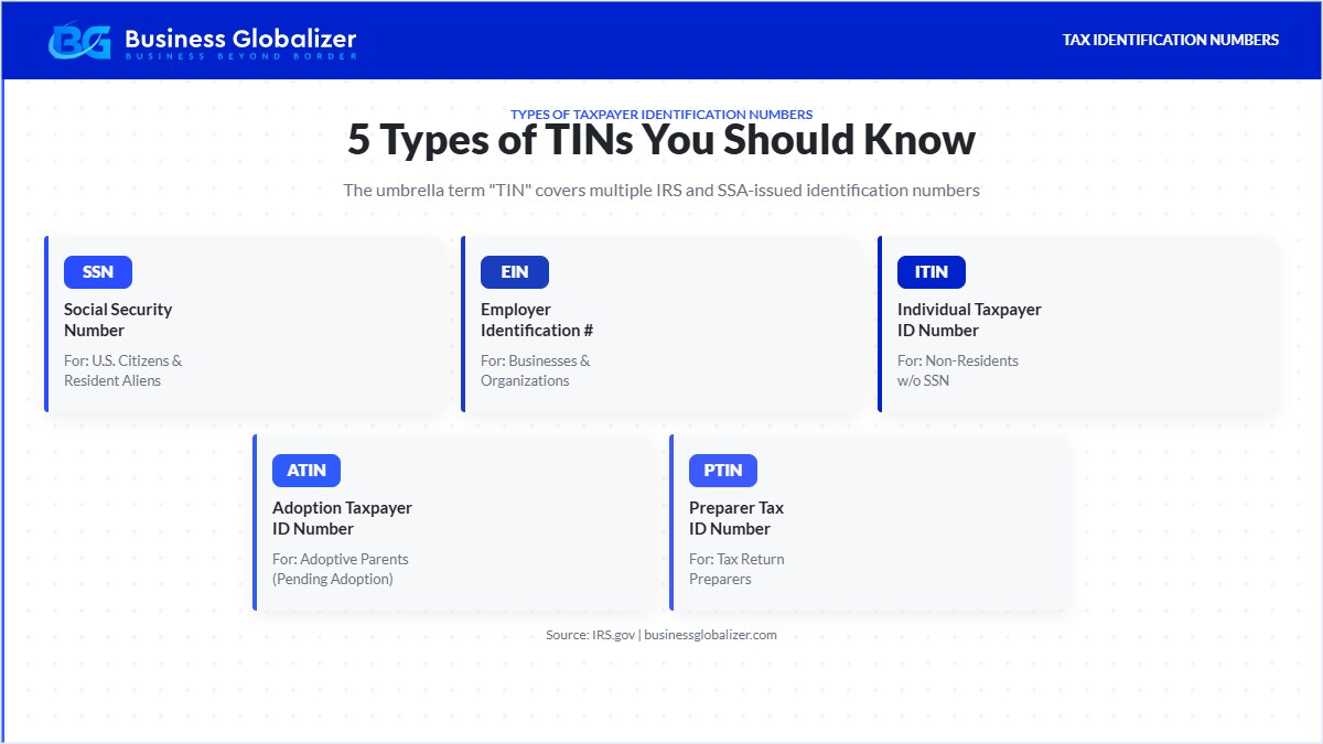 TIN vs ITIN — five types of taxpayer identification numbers SSN EIN ITIN ATIN PTIN — Business Globalizer