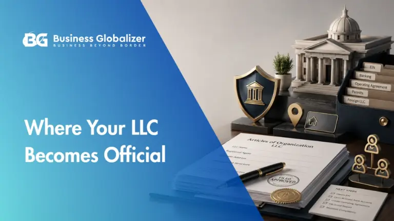 Articles of Organization document with LLC formation details, approval stamp, EIN, banking, operating agreement, and compliance files