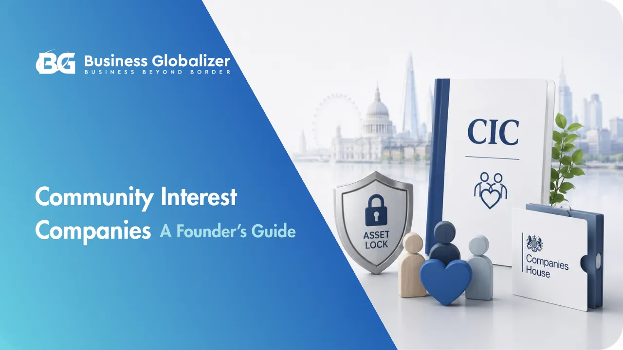 Community Interest Companies founder’s guide visual showing CIC structure, asset lock, Companies House filing, and community purpose.