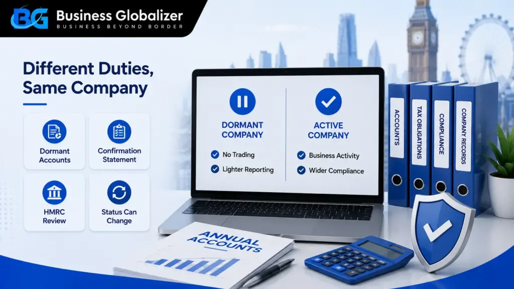 Different compliance duties for dormant and active UK companies including accounts, tax obligations, and company records