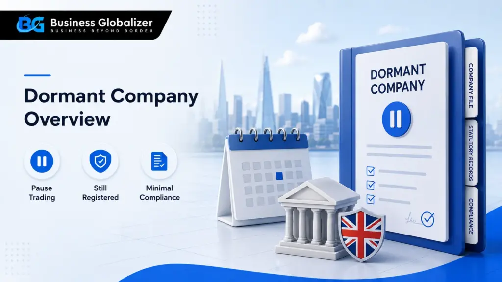 Dormant company overview in the UK showing pause trading, registered status, and minimal compliance
