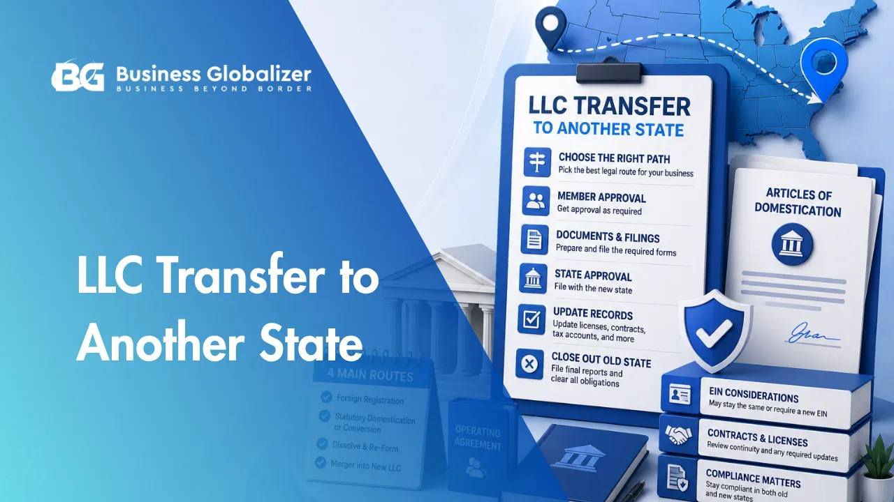 LLC transfer routes, member approval, domestication documents, state filings, EIN, contracts, licenses, and compliance updates.