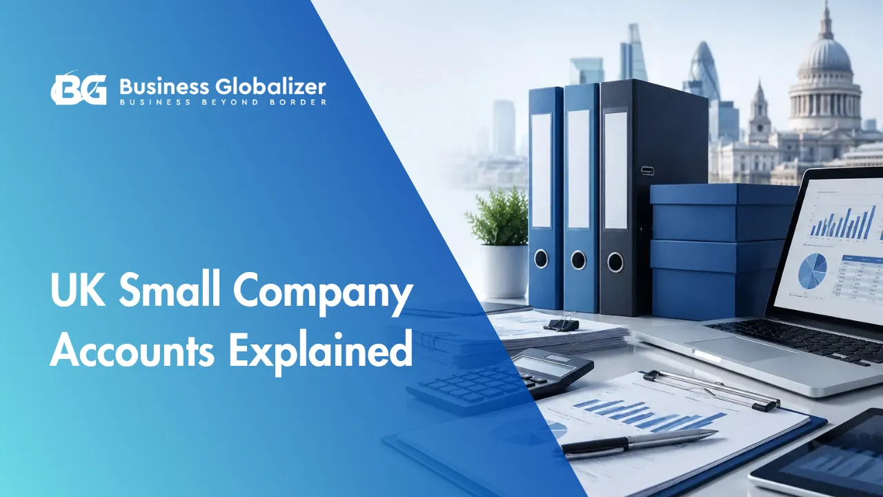 UK small company accounts concept with financial statements, accounting files, laptop, calculator, and Companies House compliance visuals.