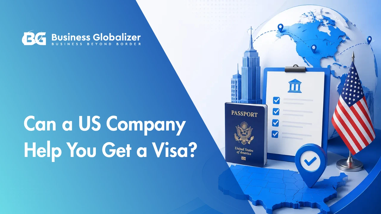 US company documents, passport, visa, and American flag representing business-related U.S. visa options for foreign founders