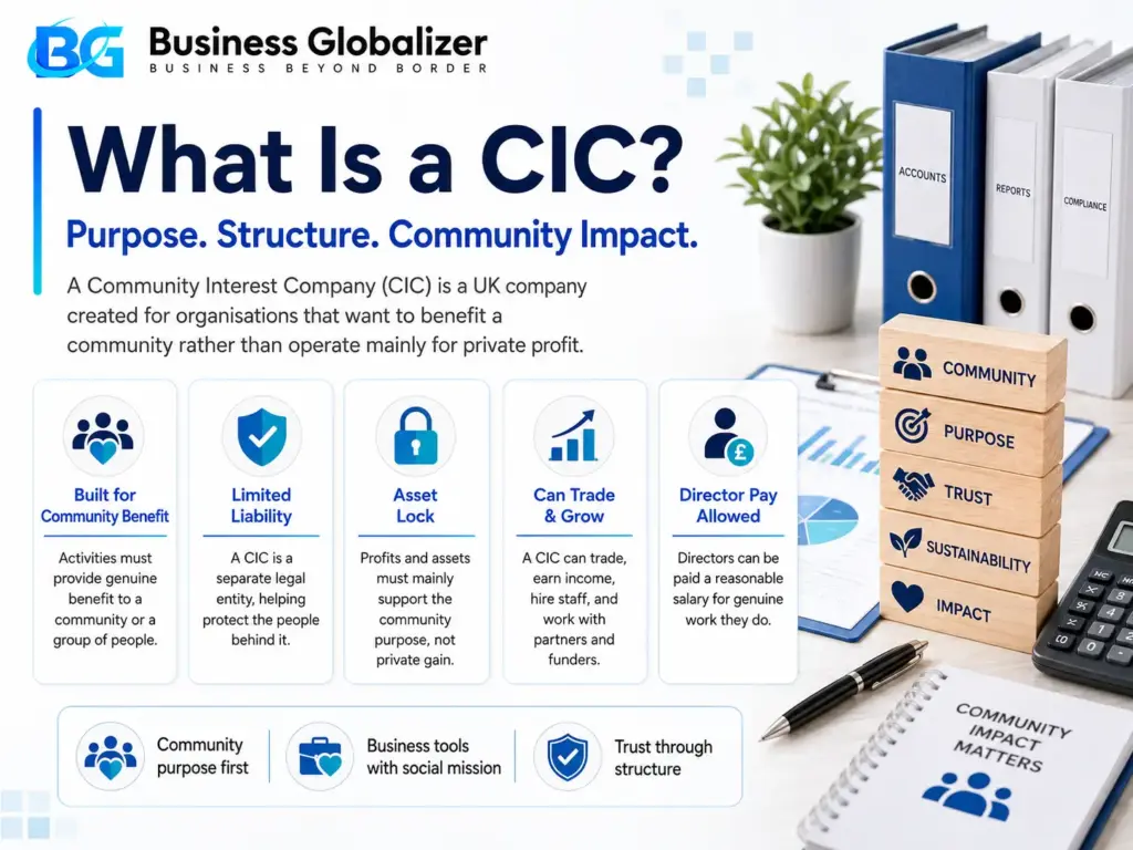 Community Interest Companies: A Founder’s Guide 2 What is a CIC infographic explaining Community Interest Company purpose, structure, asset lock, and community impact.