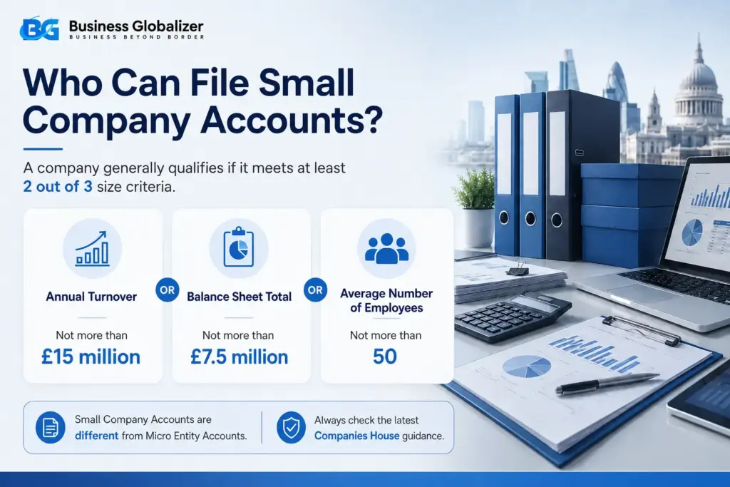 Small Company Accounts: UK Overview 2 Infographic explaining Small Company Accounts eligibility in the UK with turnover, balance sheet total, and employee threshold criteria.