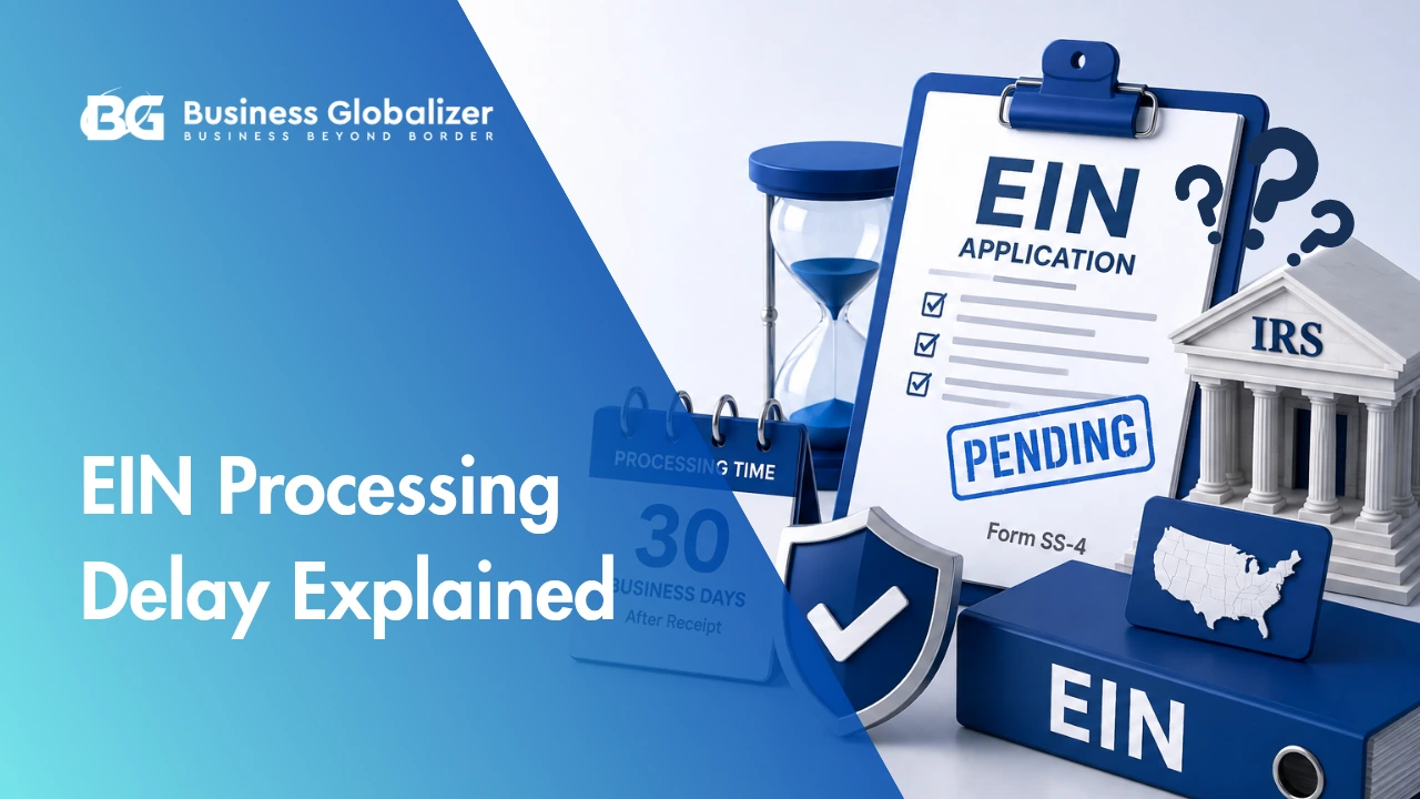 EIN processing delay visual showing Form SS-4 pending with IRS processing time, 30 business days, and U.S. EIN application review.