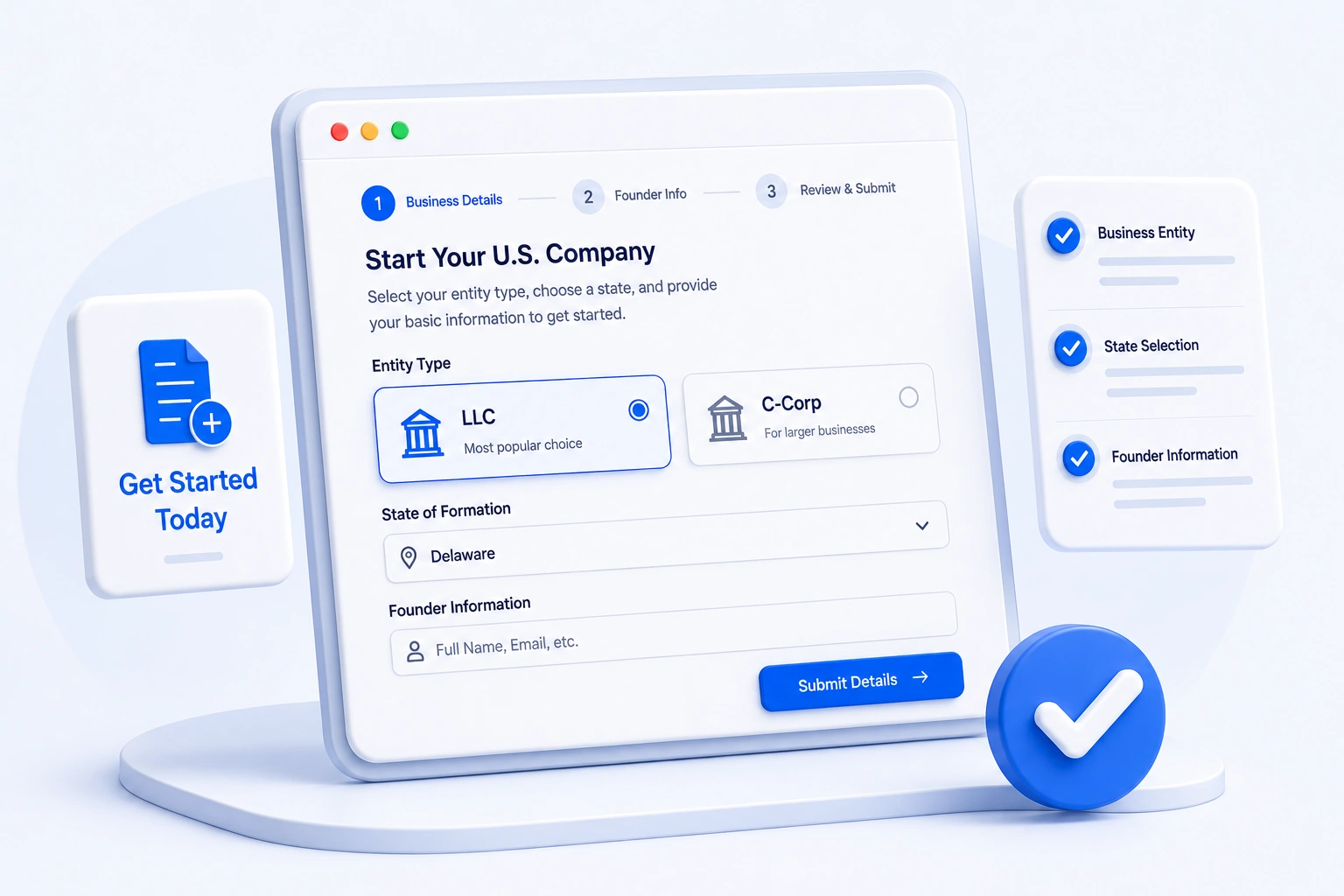 U.S. company formation setup interface with LLC and C-Corp options