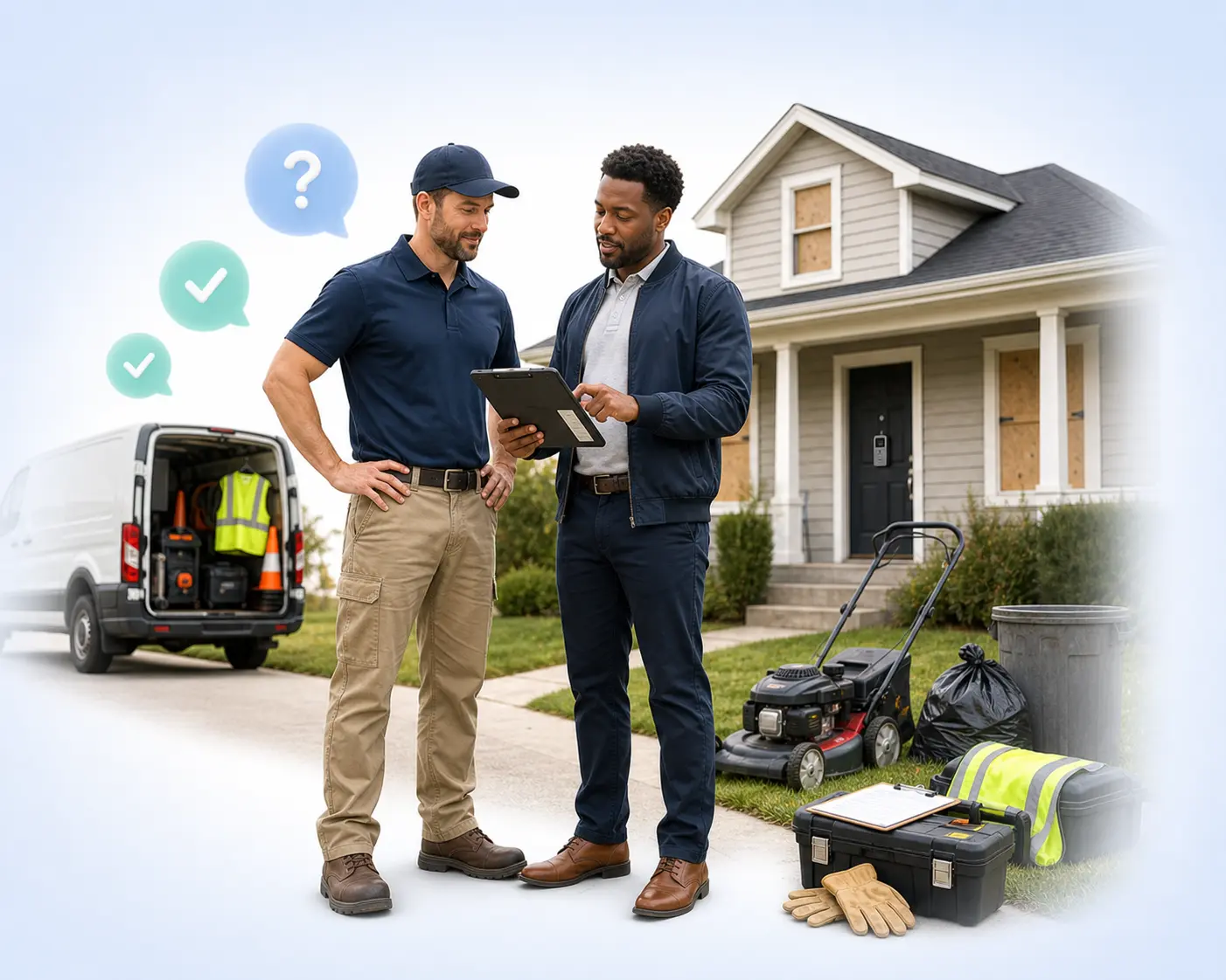 Property preservation support illustration with a home, checklist, and question marks