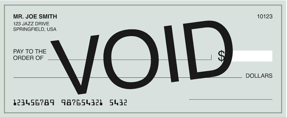 Sample bank check marked VOID for account verification